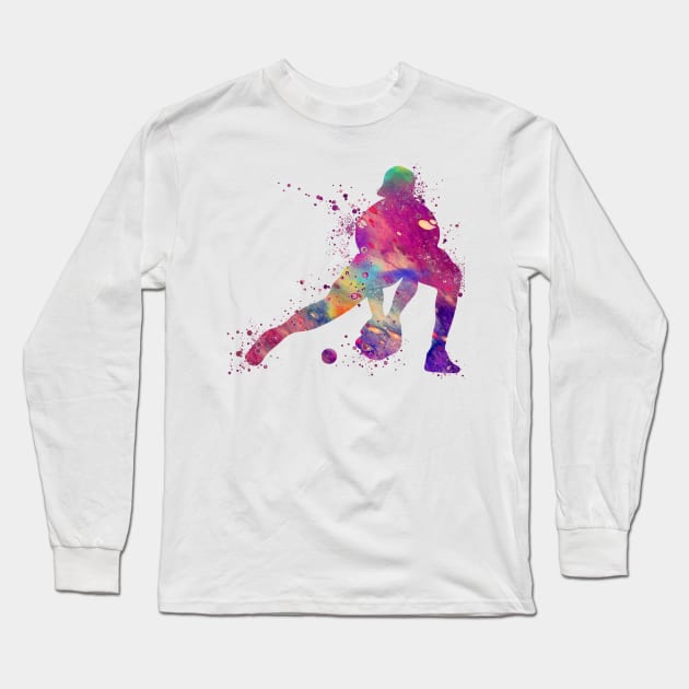Baseball Catcher Colorful Watercolor Silhouette Long Sleeve T-Shirt by LotusGifts